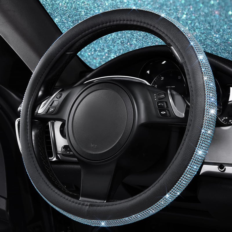 CAR PASS Mint Diamond Black Leather Steering Wheel Cover, Bling Blue Crystal Rhinestones Universal Fit 14"1/2-15" Crystal Glitter for Women Sparkle Girl Fit Suvs,Vans,Sedans,Cars,Trucks, Mint Diamond - Image 4